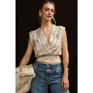 NWT Anthropologie Sleeveless Tan White Wrap Top - Large